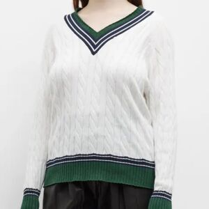 Minnie Rose Green and White V-Neck Cable Knit Sweater, XS